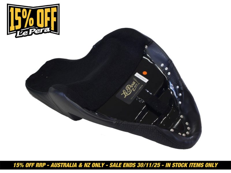 Black motorcycle seat with comfort padding, ideal for custom bikes and touring.