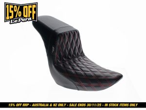 Black diamond-stitched motorcycle seat for Revelry Motorcycles, premium comfort and style.