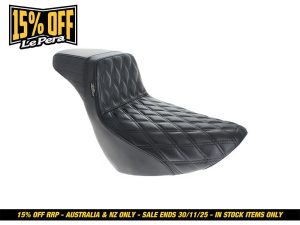 Premium black quilted motorcycle seat for Revelry Motorcycles.