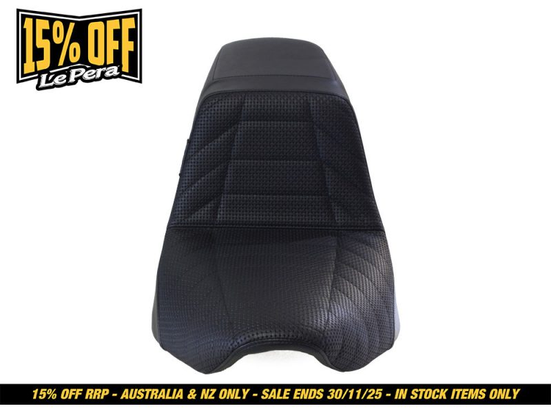 Black motorcycle seat with textured finish, suitable for cruiser bikes.