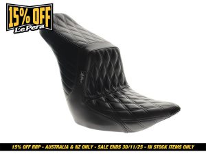 High-quality black quilted motorcycle seat for comfort and style at Revelry Motorcycles.