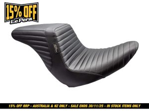 Leather motorcycle seat for custom cruiser bikes, stylish and comfortable.