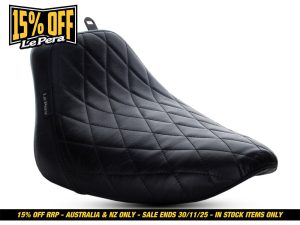 15% off Le Pera motorcycle seat in black quilting for Harley Davidson bikes.