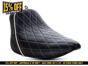 Leather motorcycle seat with quilted stitching, black riding accessory for Revelry Motorcycles.