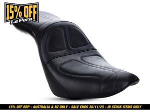 15% off leather motorcycle seat from Revelry Cycles, perfect for custom bikes and touring.
