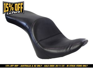 Black motorcycle seat for Revelry Motorcycles, premium leather, comfort-focused design.
