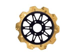 Durable black and gold motorcycle sprocket from Revelry Motorcycles Australia.