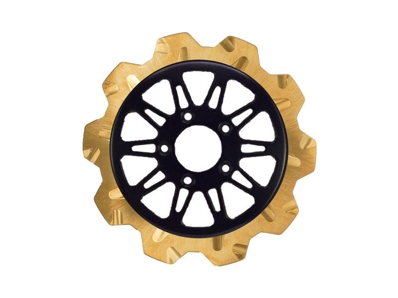 11.8in. Front Omega Crown Disc Rotor - Gold Band & Black Carrier. Fits Dyna 2006-2017 Black and gold motorcycle sprockets for Revelry Motorcycles bike upgrades.