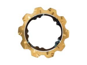 Gold motorcycle sprocket with black inner ring for Revelry Motorcycles.