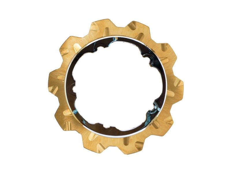 11.8in. Front Crown Disc Rotor - Gold Band & Black Carrier. Fits V-Rod & Dyna 2006-2017 Models with OEM Cast Wheel. Gold motorcycle sprocket with black inner ring for Revelry Motorcycles.