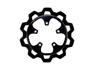 Black bicycle chainring and sprocket for Revelry Motorcycles.