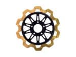 Black and gold motorcycle sprockets for Revelry Motorcycles, high-performance motorcycle parts.
