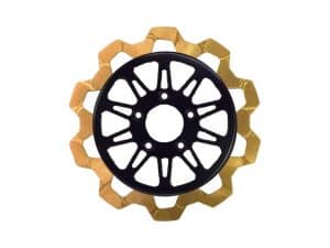 Black and gold motorcycle sprockets for Revelry Motorcycles, high-performance motorcycle parts.