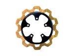 Revelry Motorcycles gold and black sprocket for motorcycle chain drive, high-performance bike part.
