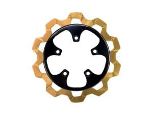 Revelry Motorcycles gold and black sprocket for motorcycle chain drive, high-performance bike part.
