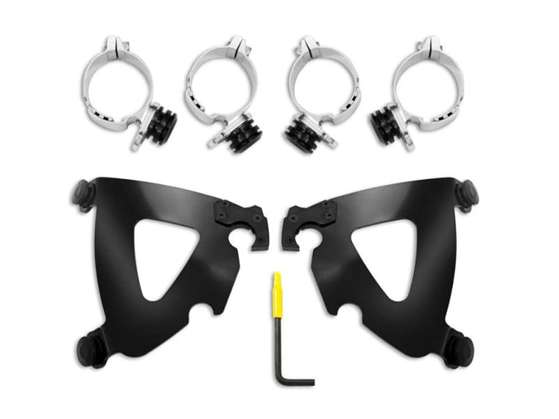 Black Road Warrior Trigger-Lock Mounting Hardware. Fits Street Bob & Low Rider 2018up & Mid-Glide Dyna 2006-2017. Aluminium motorcycle handlebar clamps with mounting accessories for Revelry Motorcycles.