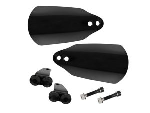 Black motorcycle fork protectors with mounting hardware for Revelry Motorcycles.