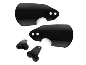 Black motorcycle fork protectors and hardware for Revelry Motorcycles.