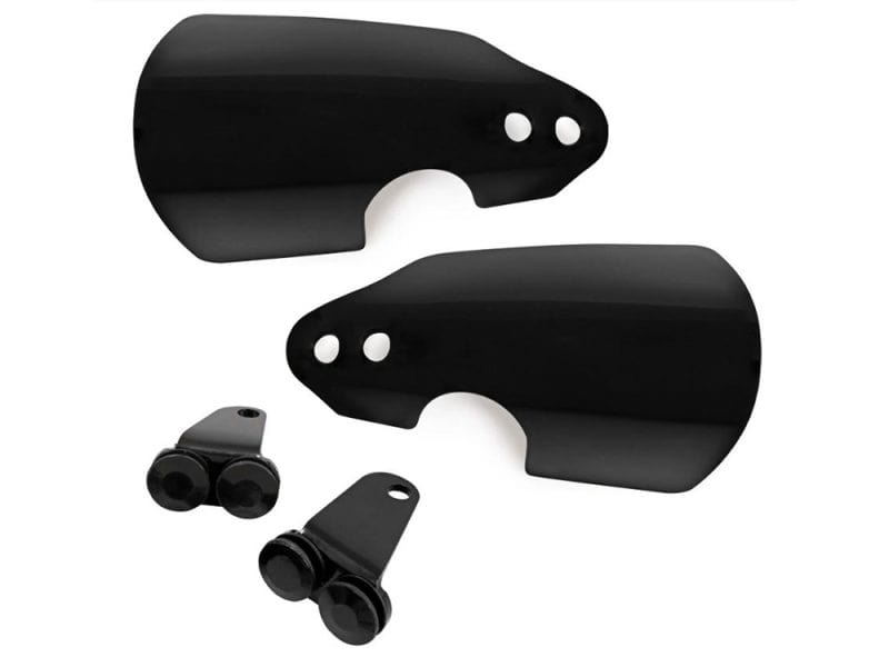 Handguards - Black. Fits Road King Special 2017-2020 running OEM Front Indicators. Black motorcycle mirror glitz mounting brackets for Revelry Cycles Harley bikes.