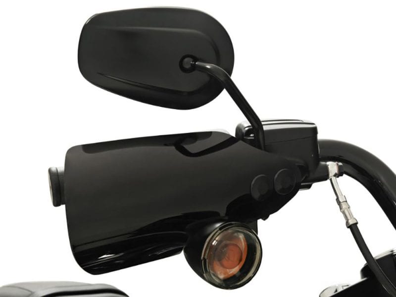 Black motorcycle rearview mirror and turn signal light for Revelry Motorcycles, stylish bike accessories.