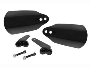 Black motorcycle fork protectors and mounting hardware for Revelry Motorcycles parts.