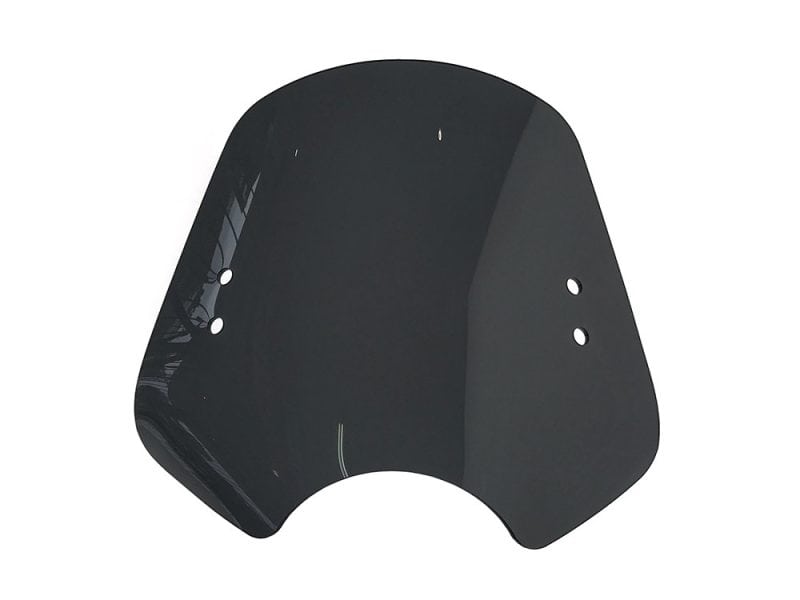 The Shooter Black Smoke Handlebar Mount Windshield. 14in. High x 19in. Wide. High-quality motorcycle windscreen for Revelry Motorcycles for enhanced riding experience.