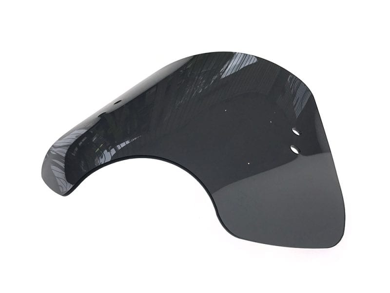 Enhanced motorcycle windshield for Revelry Motorcycles, black tinted visor.