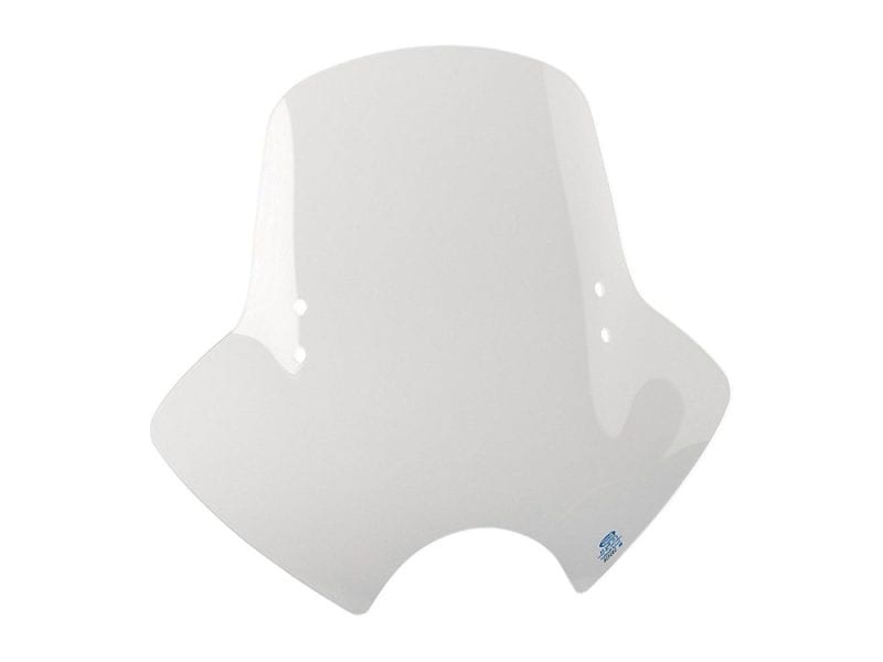 Demon Clear Handlebar Mount Windshield. 18in. High x 21in. Wide. Aviation windscreen for Revelry Motorcycles, custom motorcycle parts, high-quality aerodynamics.