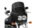 Dark black motorcycle windscreen with dual headlights and Harley-Davidson logo at Revelry Cycles.