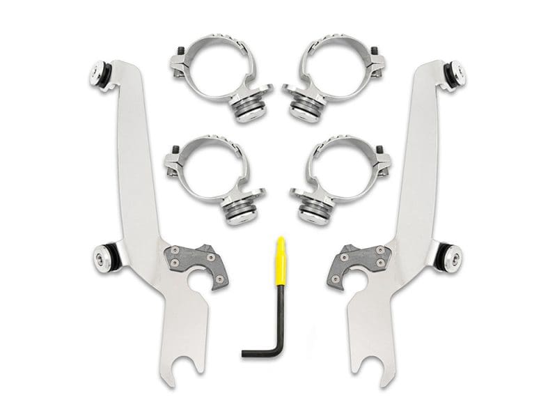 Polished Sportshield Trigger-Lock Mounting Hardware. Fits FL Softail 1986-2017 With Out Spotlight Bar. High-quality motorcycle riser kits with clamps and mounting hardware for customised bike fit. Suitable for various motorcycle models.