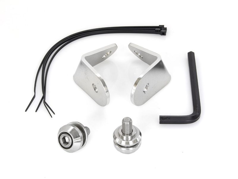 Aluminium motorcycle headlight bracket kit with mounting hardware and tools for bikes.