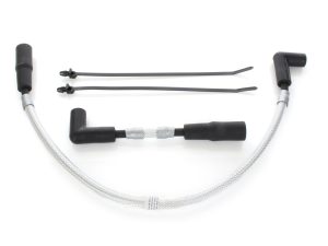 Flexible braided motorcycle spark plug lead set for Ducati bikes, enhances ignition performance.