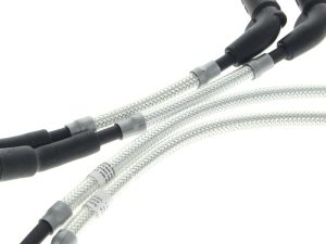 Flexible braided motorcycle spark plug wires, high-performance ignition cables.