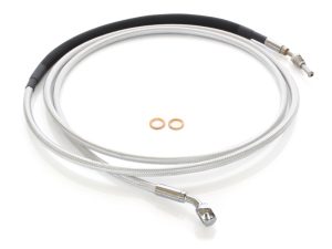 Flexible motorcycle brake line kit with braided stainless steel hoses and fittings.