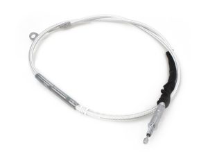 High-performance motorcycle brake or clutch cable, silver braided stainless steel construction.