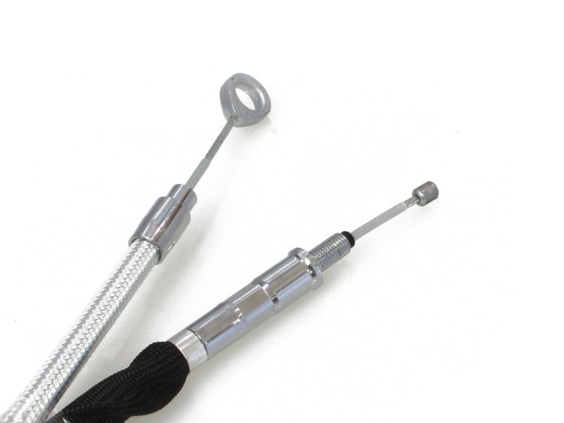 High-performance motorcycle clutch and brake cables with silver finish for Revelry Motorcycles.
