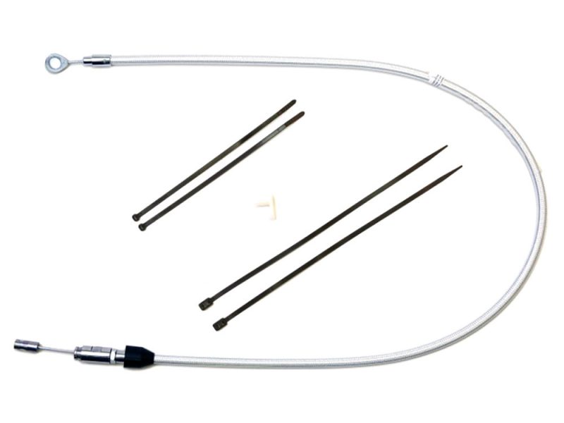 Flexible motorcycle speedometer cable with mounting hardware for Revelry Motorcycles.