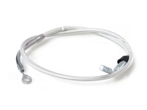 High-performance motorcycle brake hose, braided stainless steel, Revelry Motorcycles gear.