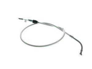 Flexible motorcycle braided brake line for enhanced braking performance at Revelry Motorcycles.