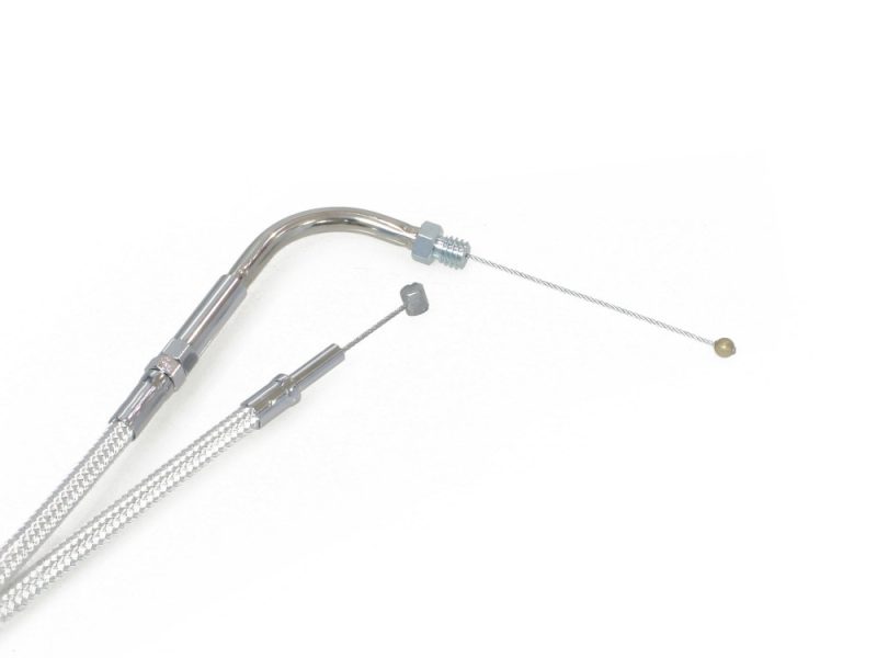 Stainless steel motorcycle clutch cable with adjustable tension for Revelry Motorcycles.