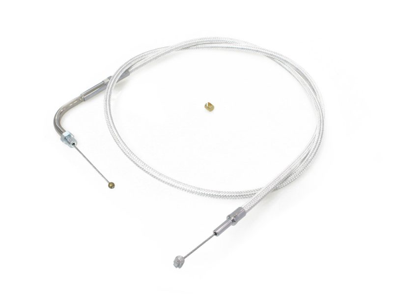 Flexible motorcycle brake or clutch cable with silver braided exterior.