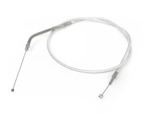Flexible motorcycle throttle cable with silver braided exterior.