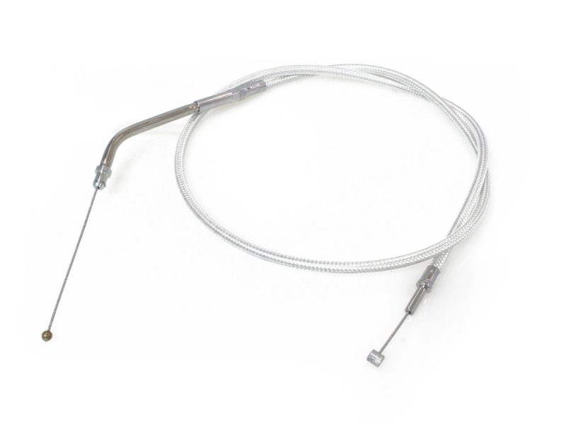 32-3/4in. Throttle Cable - Sterling Chromite. Fits Sportster 1996-2006. Flexible motorcycle throttle cable with silver finish and adjustable ends.