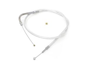 Shiny silver motorcycle gas cable with metal fittings and brass nut, suitable for custom builds.
