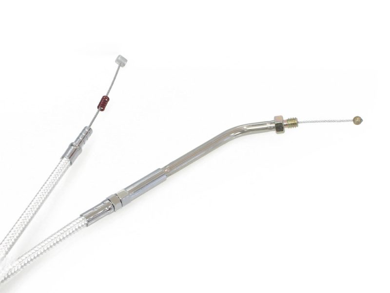 Flexible motorcycle throttle cables with metal sheathing and adjustable components.