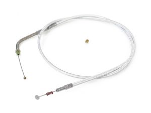 Flexible motorcycle throttle cable with metal fitments for Revelry Motorcycles.