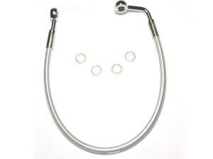 Flexible stainless steel motorcycle brake line with fittings and washers.