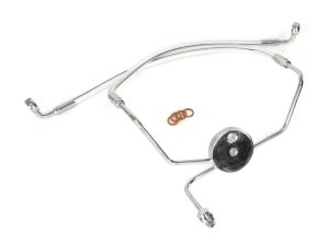 Premium motorcycle oil cooler hoses with fittings and copper washers for Harley Davidson bikes.