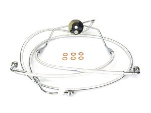 High-performance motorcycle brake line kit with copper washers for Revelry Motorcycles.
