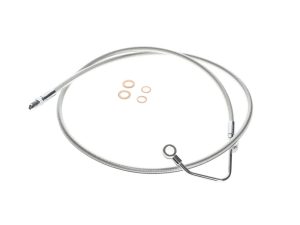 Flexible motorcycle hydraulic brake line with fittings and washers for Revelry Motorcycles.